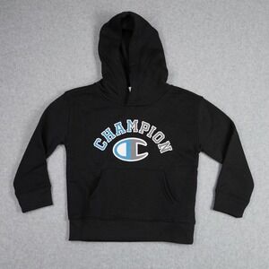 Champion Hoodie Kids Size 4 Black C735HD457 Pullover Logo Kangaroo Pocket Fleece